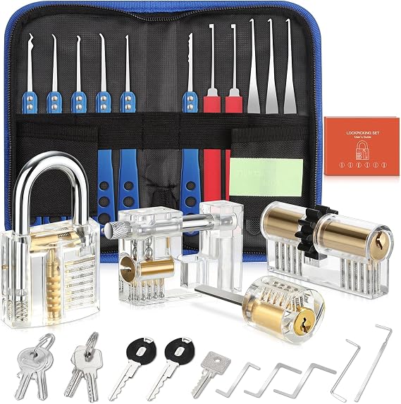 33 Pcs Lock Picking Kit, [Upgraded Version] Diyife Lock Pick Set with 4 Transparent Training Locks 3 Key Extractors & 8 Locks Picking Tools for Lockpicking, Guide for Beginner and Locksmith Training