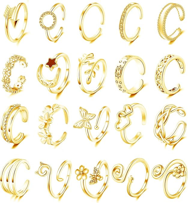 Staligue 20pcs Adjustable Toe Rings Set for Women Fingers Joint Tail Summer Beach Arrow Flower Open Rings Foot Jewelry