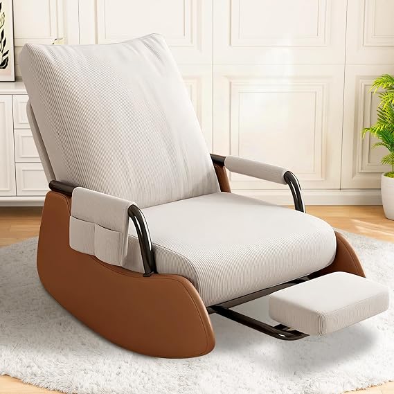 Nursery Upholstered Recliner Rocking Chair with Adjustable Backrest and Footrest, Comfy Corduroy Glider Chair for Bedroom, Living Room