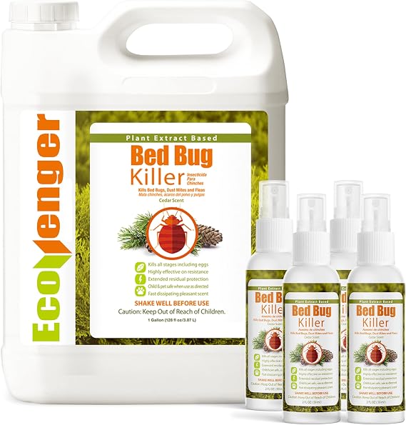 EcoVenger Bed Bug Killer Set 1 Gallon + 4 Travel 2oz, 100% Kill, Eggs & Resistant Strains, USDA BIO, Non-Toxic, Safe for Kids & Pets