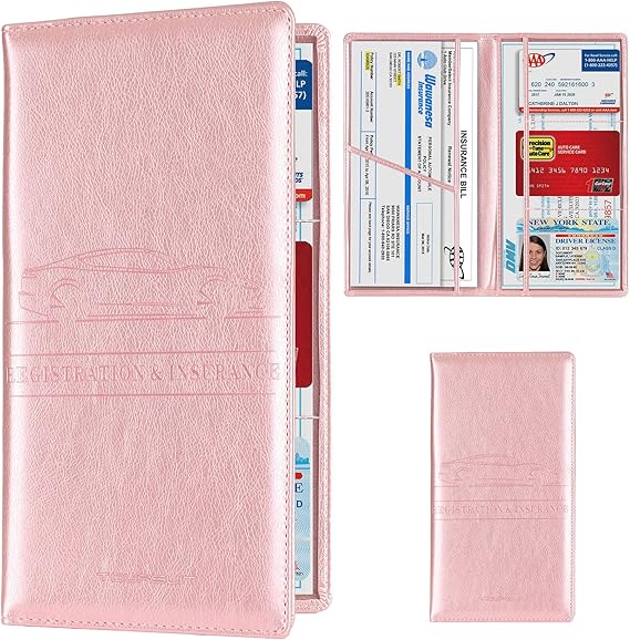 TOURSUIT Car Registration & Insurance Card Holder, Rose Gold | Vehicle License Document Organizer, Glove Box Compartment, Interior Car Accessories, For Women Men