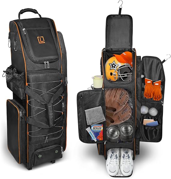 71-80L Rolling Baseball Catchers Gear Bag with Wheels,for 7 Bats | Wheeled Softball Bag with Separate Shoe & Helmet Compartments | 1680D Water-Resistant | Wet/Dry Pockets | 360 Spinner Wheels