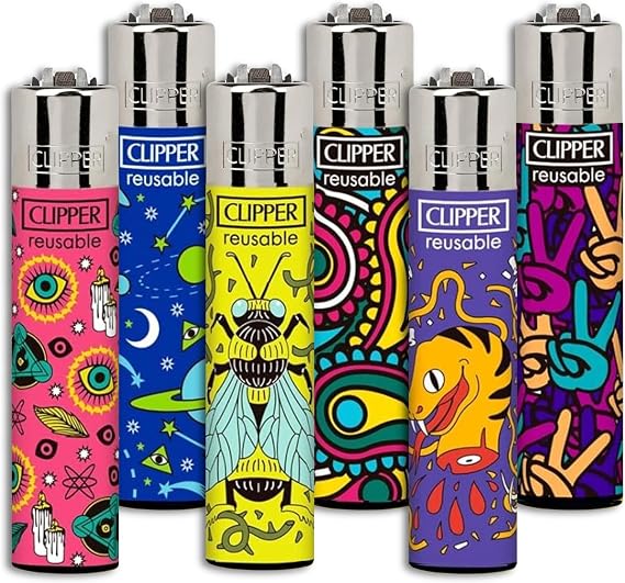 Clipper Classic Large Reusable Lighter, 6 Pack | Premium Refillable, Replace Butane & Flint, Unlimited Lights, Designs and Colors Vary