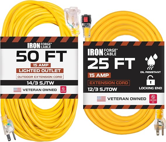 Iron Forge Cable 50 Ft Lighted Outdoor Extension Cord - 12/3 15 AMP SJTW Heavy Duty Yellow 3 Prong & Oil Resistant 12 Gauge Extension Cord 25 ft with Locking Ends, Yellow 15 Amp 12/3 SJTOW Heavy Duty