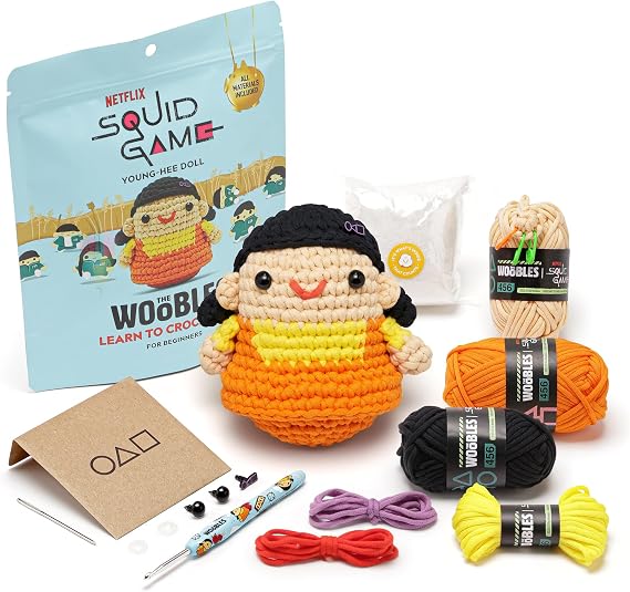 The Woobles Squid Game Crochet Kit for Beginners (Young-HEE) | As seen on Shark Tank, Officially licensed Squid Game Young-hee: Easy Peasy Yarn, hook, safety eyes, video tutorials