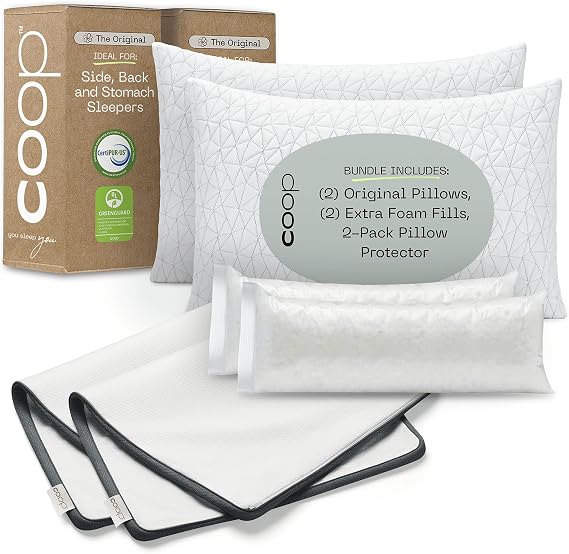 Coop 2 Original Adjustable Memory Foam Pillows & 2 Waterproof Pillow Protectors Queen | Breathable Covers, CertiPUR-US