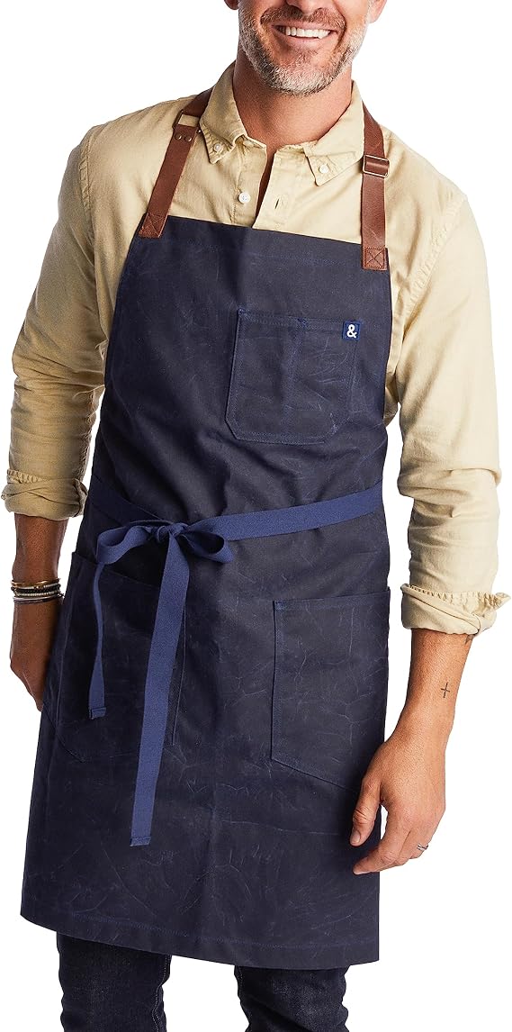 hedley & bennett Waxman Apron - 100% Cotton, Water Resistant, Heavy Duty Waxed Canvas Apron with Pockets & Adjustable Strap for Grilling, Baking, BBQ, Cooking - Professional Chef Apron - Atlantic