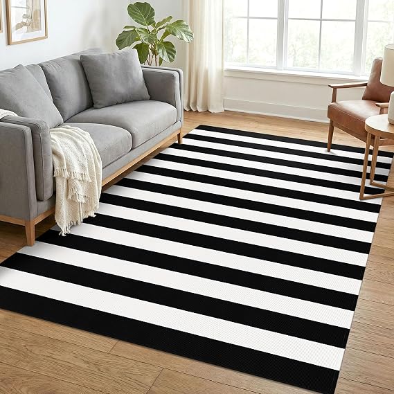 KOZYFLY Black White Rug 5x7 Area Rug Woven Striped Living Room Rugs