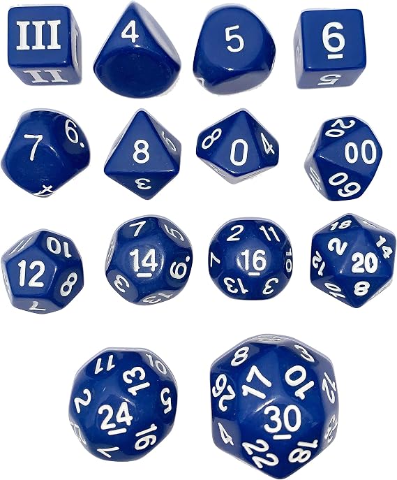 Indigo Blue - 14 Unusual Dice Set Approved for Use with Dungeon Crawl Classics - DCC