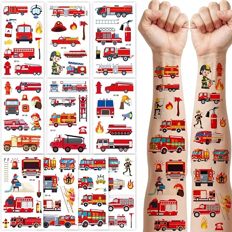 Pack of 10 Fire Engine Tattoos Cartoon Fire Brigade Tattoos Fire Engine Temporary Tattoos Classroom Rewards Stickers Tattoos Skin-Friendly for Boys and Girls Fire Brigade Theme