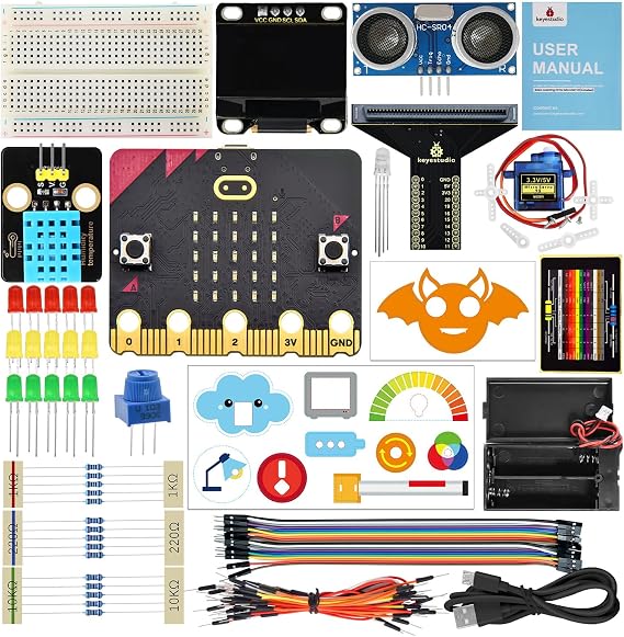 KEYESTUDIO Micro:bit Basic Starter Kit for Teens & Beginners - Electronics Learning Kit with Sensors, LEDs & Tutorials | STEM Education Projects for Coding(Micro:bit Included)