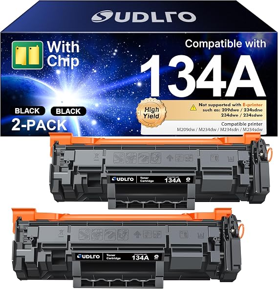 134A Black Toner Cartridge 2-Pack Replacement for HP 134A 134X (with Chip) | W1340A W1340X 134A Toner Compatible with HP LaserJet M209dw Laser Printer MFP M234dw M234sdw M234sdn Printer Cartridge