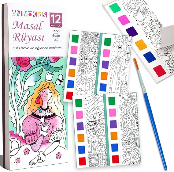 Animokids Color Crawler Watercolor Book + Brush, 12 Page Coloring Book, Activity Coloring Set, New Generation Watercolor Book for Kids (Fairy Tale Dream)