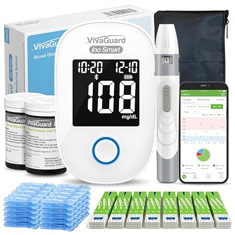 VivaGuard Blood Glucose Monitor Kit with 100 glucometer Strips 100 Lancets | Bluetooth, Free APP, Rechargeable Battery, Backlit Display for Senior, No Coding, Portable for Travel, Carrying Case