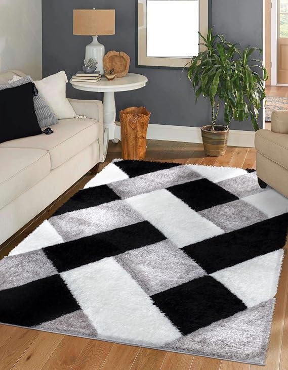 3D Shaggy Rugs Modern Geometric Design Large Area Rugs for Living Room Bedroom Thick Fluffy Floor Mats Small Door Mat (Black white, 60 x 110 cm)
