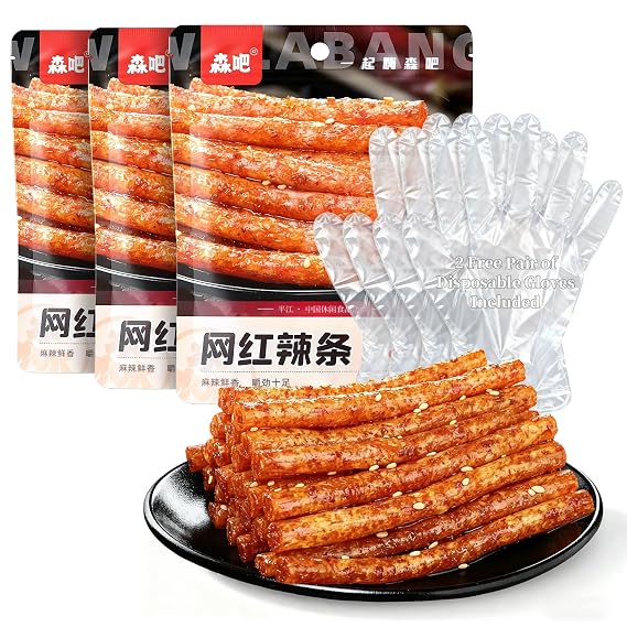 Latiao Spicy Strips Gluten latio Chinese Spicy Snack la tiao Low-Calorie, Vegan (6.9 oz / 195g) 3 Packs