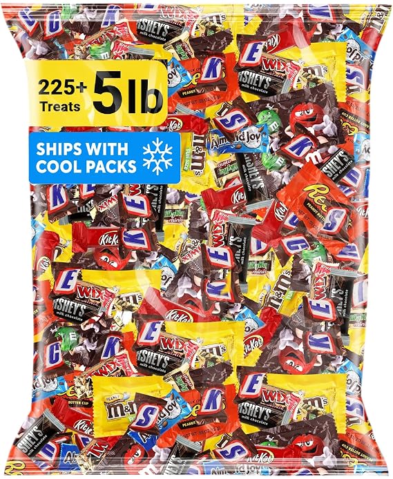 Halloween Chocolate Candy Variety Pack 5 Lb, 225+ Individually Wrapped | Trick or Treat Assorted Mini Chocolate Bars, Milk and Dark, for Goodie Bags, Office Snacks, Parties, Holidays, and Gifting