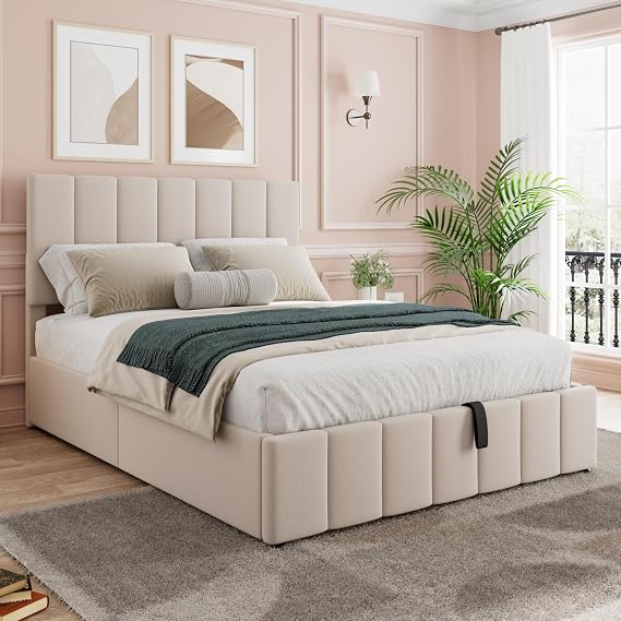 Merax Upholstered Platform Bed with Hydraulic Storage System, Wooden Slat Support and Under Bed Storage, Space-Saving Design, No Box Spring Required, Full Size, Beige