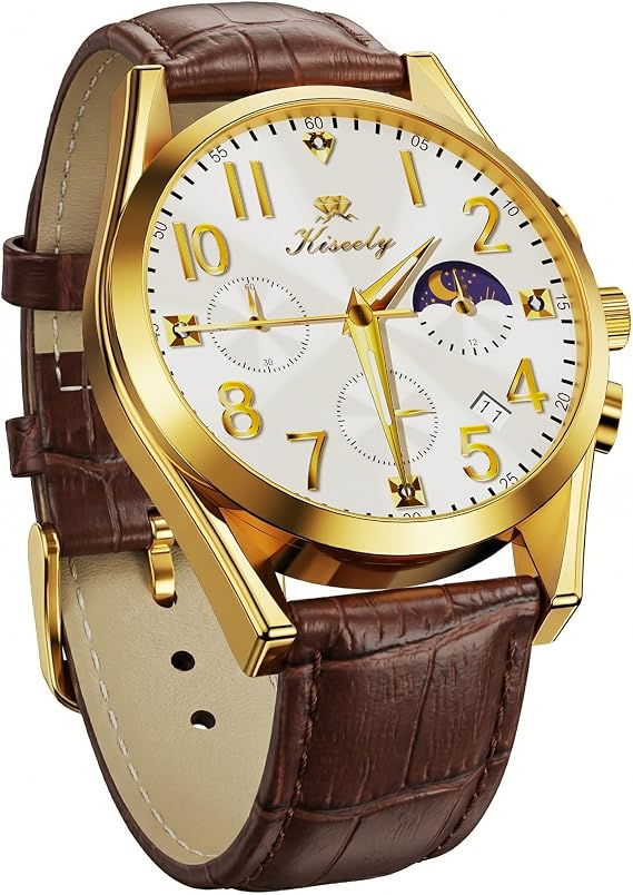 Kiseely Men's Chronograph Quartz Watches, Leather Strap Gold Case with Day Date, Diamond Business Dress Analog Quartz Moon Phase Stainless Steel Watch