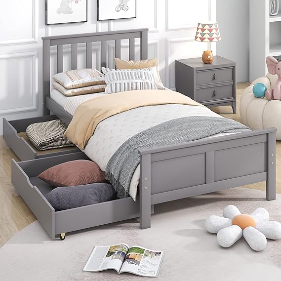 I0I&I0I Wooden Solid White Pine Storage Bed with Drawers Bed Furniture Frame for Adults, Kids, Teenagers 3ft Single (Grey)