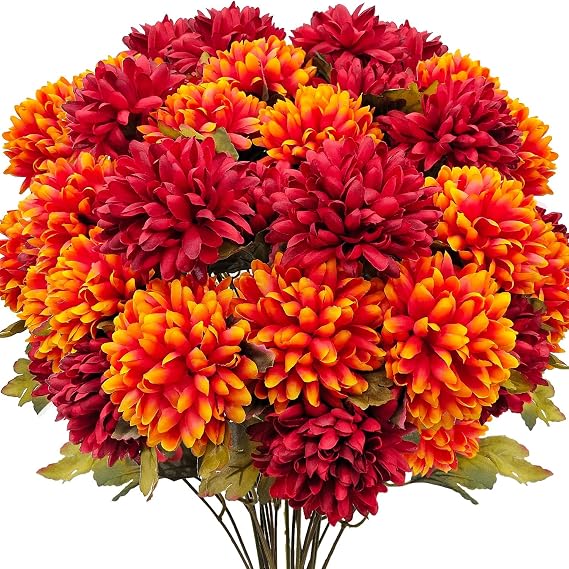 4 Bundles Large Artificial Fall Flowers Faux Mums for Outdoor Planters