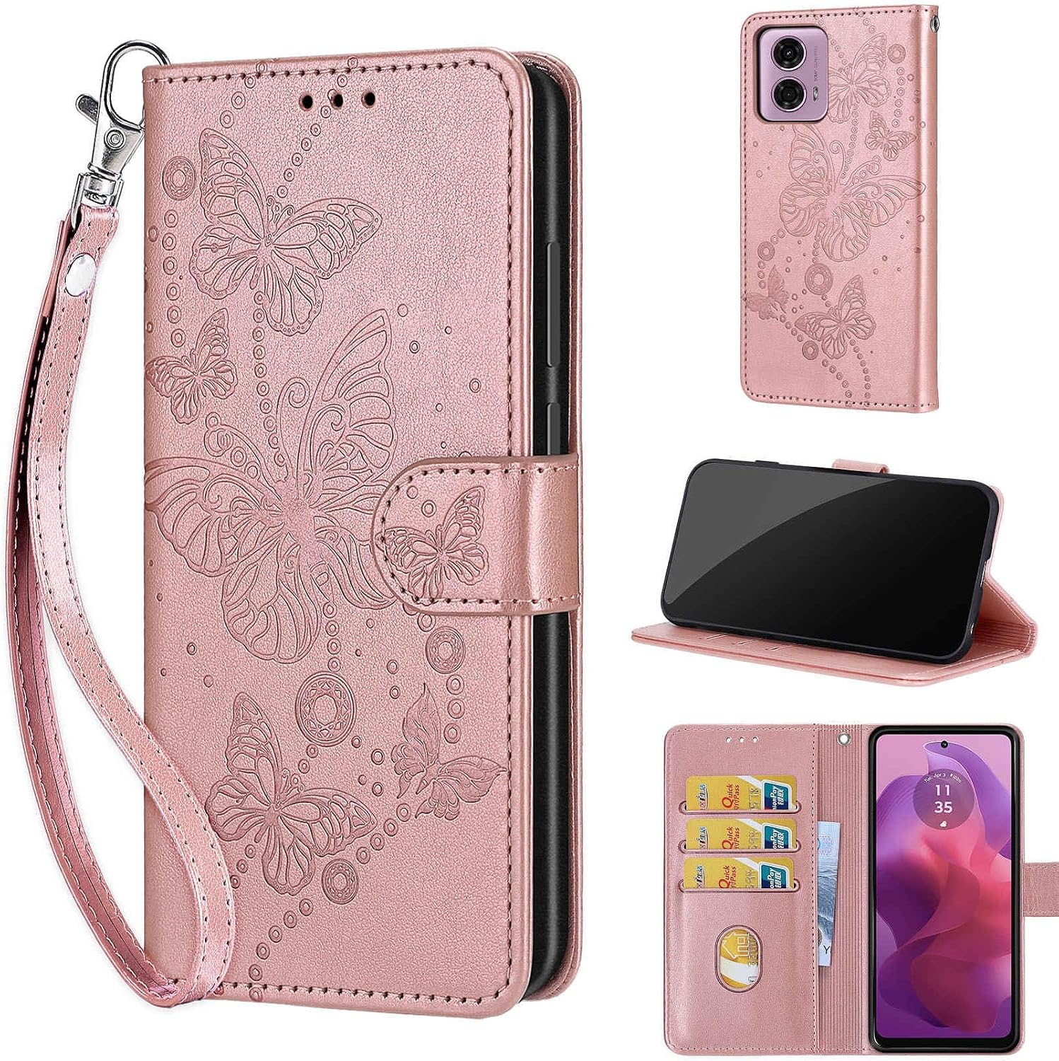 SIENIANLINE Mobile Phone Case for Motorola Moto E14 / G24 / G04 Cases Premium Leather Flip Wallet Case Magnetic Card Slot Stand Function Flip Case Compatible with Moto E14 Case - Rose Gold