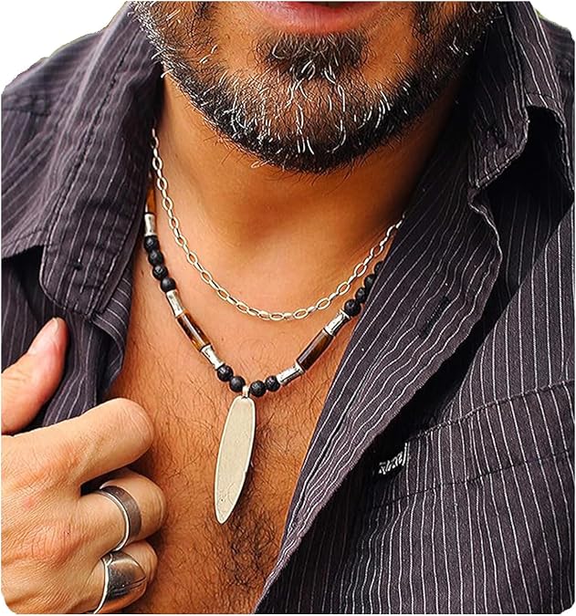 Liliya Jewelry men beaded necklace with surfboard pendant and tiger eye gemstones