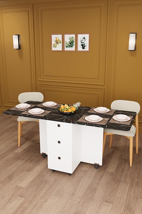 ASRA TREND Royal Mermer Desen KM-30 Katlanır Çekmeceli Yemek Masası 168 cm 3 Çekmeceli Dolaplı Tekerlekli Mutfak Masası%100 MDFLAM Akıllı Masa Ünitesi