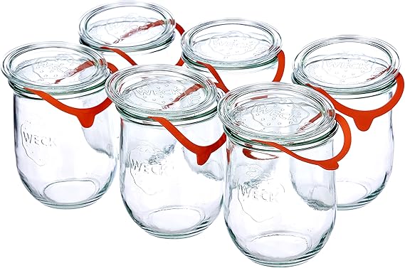 Weck Tulip jar, 1 liter, 6-piece set COVER, seal clamps, glass, transparent, 6 x