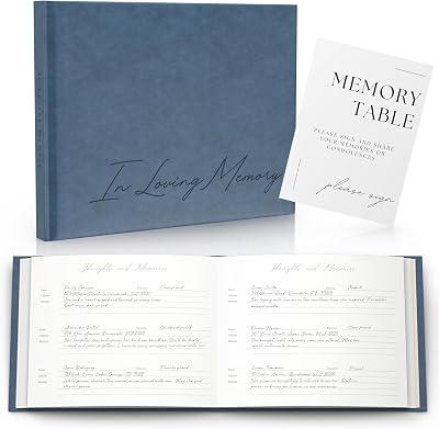 Funeral Guest Book for Celebration Of Life Memorial Service - Leather Memory Book for Funeral Guests to Sign In with Condolence Memory Table Sign & Back Pocket - Blue Guestbook