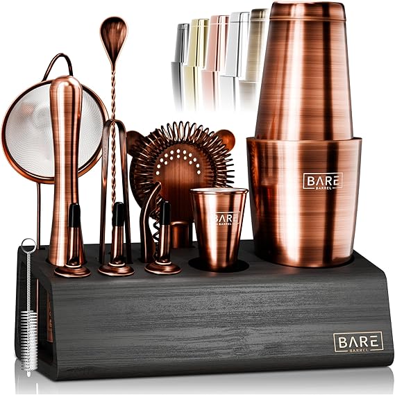 BARE BARREL Mixology Bartender Kit Bar Set | 14-Piece Cocktail Shaker Set | Martini Barware Mixing Tools for Home Bartending | Incl. 35 Recipe Cards | Gift Set (28oz Boston Shaker, Copper/Black)