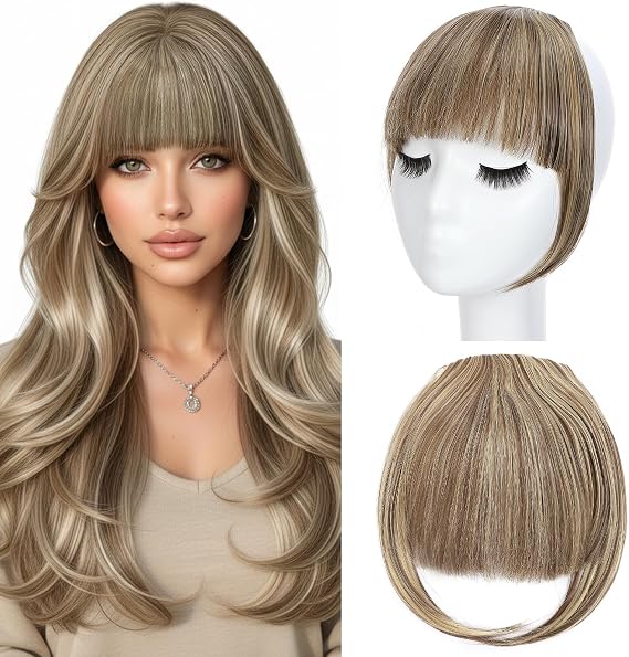 S-noilite Clip in Bangs, Synthetic French Bang Hair Clip, Fake Fringe with Temples Hairpieces for Women Natural Curved Hair Extensions for Daily Wear,Golden Brown mix Baby Blonde
