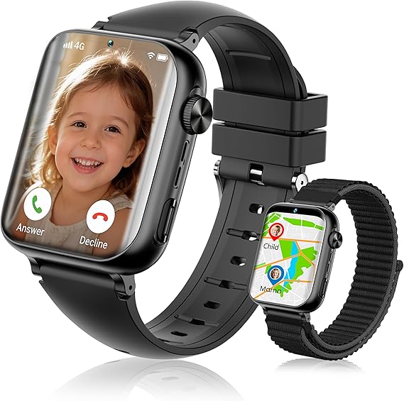 Smart Watch for Kids, 1.83" Touch Screen, GPS+LBS+WiFi Tracker | 4G Video/Phone Call/Voice Chat, SOS Function, Class Mode, IP68 Waterproof, Birthday Gift for Boys Girls, Black