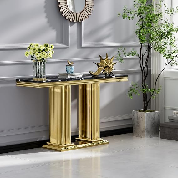 SSLine Marble Console Table,1 Pieces Hallway Table for Living Room,Faux Marble Accent Table with Wood Tabletop and Stainless Steel Frame for Apartment Home Office
