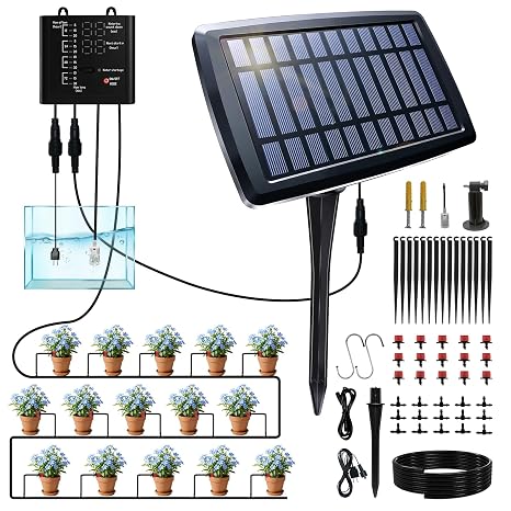 Irrigation System for Garden with Solar Panel, Automatic Drip Irrigation Kits 49FT Hose, Smart Timer Solar Irrigation System for Garden, Patio, Small Farm, Prevent Plants Wither (15 Pots)