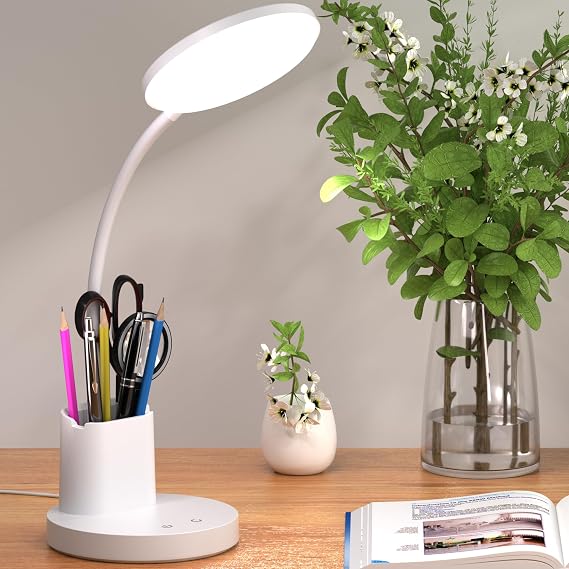 Desk Lamp, LED Desk Lamps for Home Office, Touch Table Lamp with 3 Color Modes 360 Adjustable Arm, Dimmable Desk Light with Pen Phone Holder for College Dorm, White
