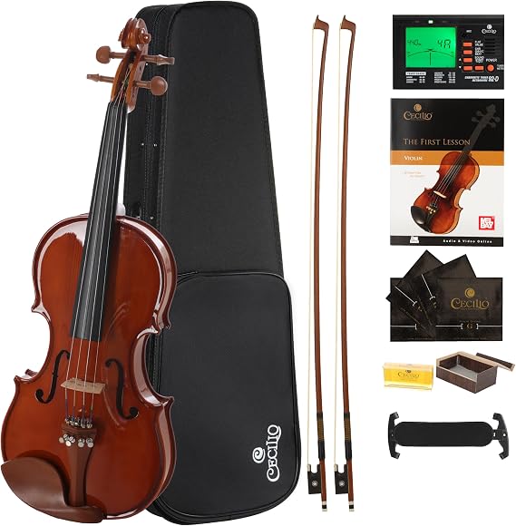 Cecilio Violin Solidwood Violin with 2 Brazilwood Bows, Rosin, Tuner, Shoulder Rest & Lesson Book Ideal for Beginners, Size 3/4