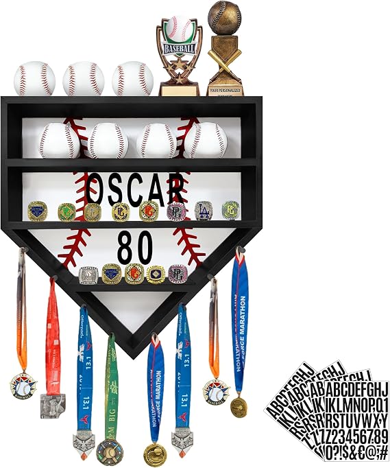 Baseball Ring Display Case, Wall Mount Baseball Display for Balls Wooden, Wooden Baseball Ring Holder with 13 Ring Posts for Balls, Medals, Trophies and Name Tags, Black