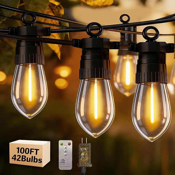 100FT Outdoor String Lights with Remote, 42 Dimmable Shatterproof LED Bulbs, Waterproof Patio & Backyard Lights for Pergola, Deck, Garden, Bistro, Commercial Grade Hanging Lights
