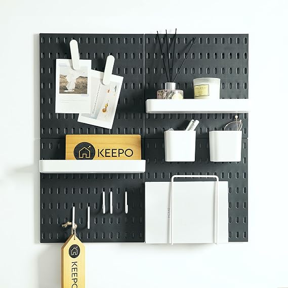 Keepo Peg Board Wall Organizer Plastic Pegboard Panels, Modular Peg Board Storage System for Home Office, Craft Room, Tool Organizer (Black, 2222)