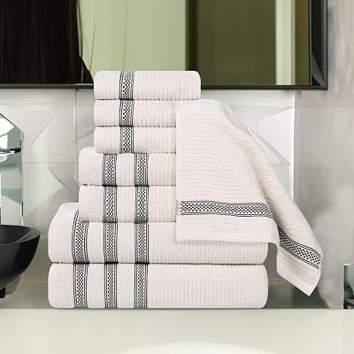 Superior Cotton 8-Piece Towel Set, Zero Twist, Ribbed Geometric, Bathroom Essentials, Shower, Spa, Luxury Plush Soft Absorbent Towels, Includes 2 Bath, 2 Hand, 4 WashclothFace Towels, Stone