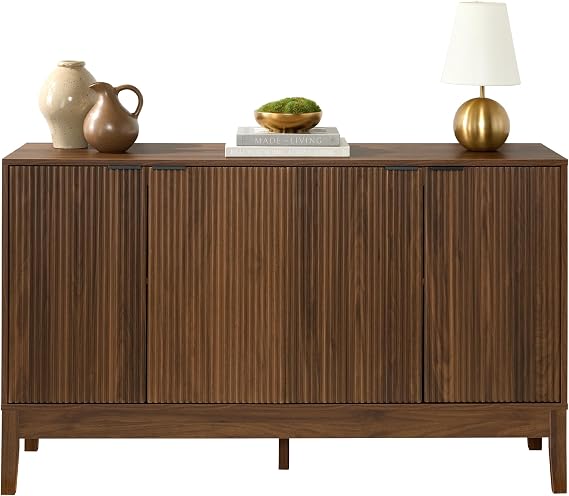 Best Choice Products 55" Modern 4-Door Sideboard Storage Cabinet, Buffet, Media Cabinet, Cupboard, Entryway Accent Table, Bookcase w/Reed Panels and Adjustable Shelves Walnut