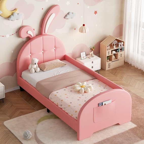 3ft Single Upholstered Bed Frame, PU Leather, Pink