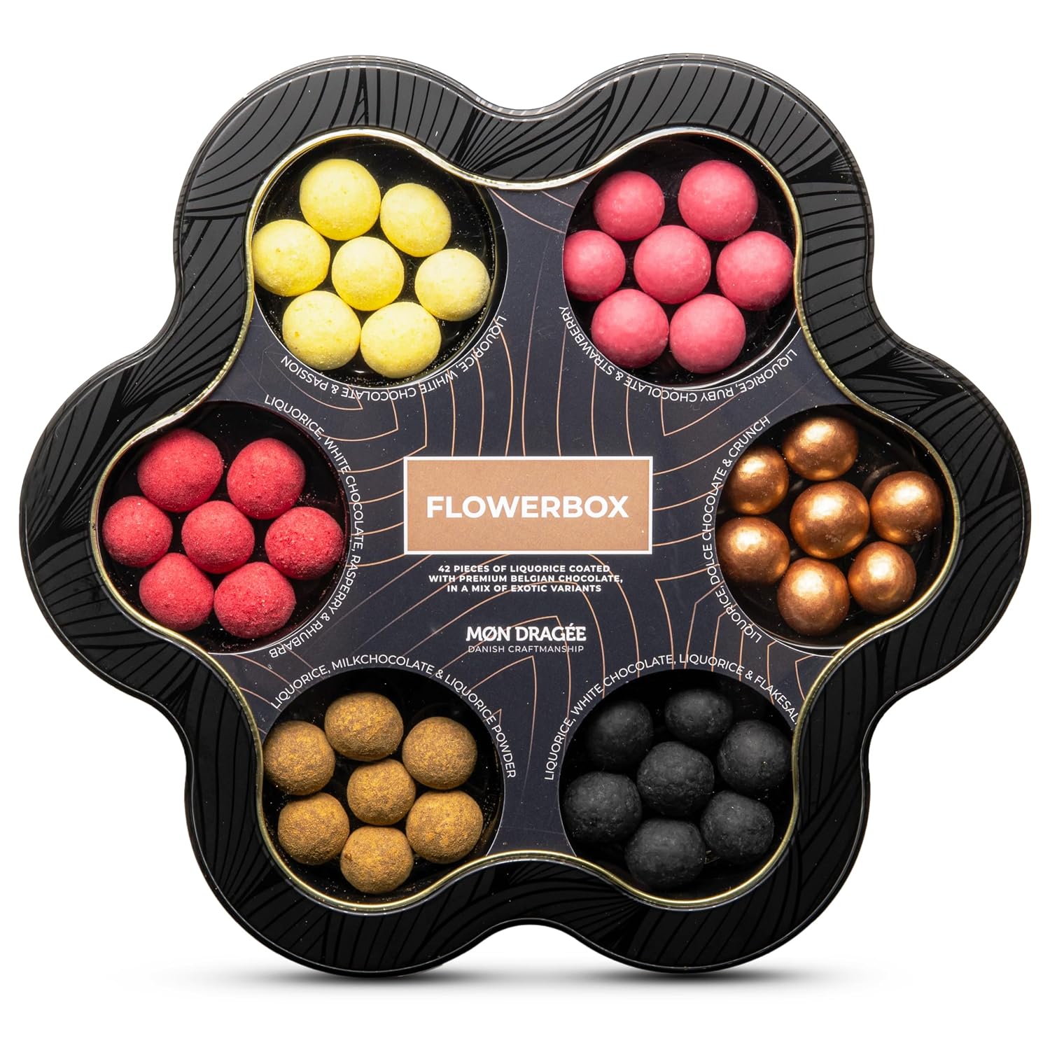 mon dragée flower box 265 g luxury fine food chocolates 6 varieties danish liquorice balls gluten-free chocolate gift box in flower shape elegant gift for lovers of special sweets