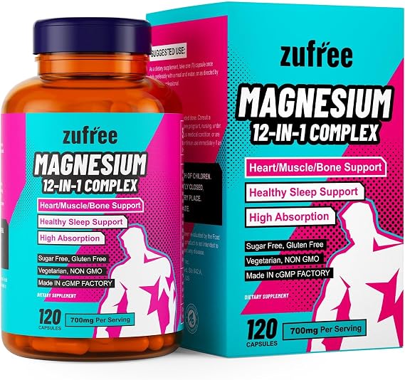 Magnesium 12 in 1 Complex Supplement 700mg Per Serving - 100% Chelated Purified High Absorption Magnesium Glycinate for Women & Men - 120 Capsules - Support Sleep Heart Muscle Bone Health