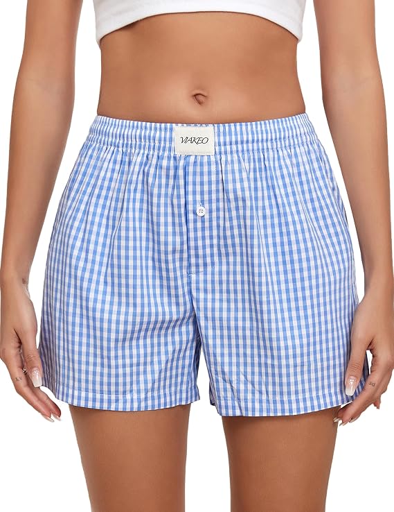 Viakeo Womens Cotton Boxer Pajama Shorts Gingham Summer Lounge Sleep Plaid Shorts Y2K Beach Bottoms with Pockets