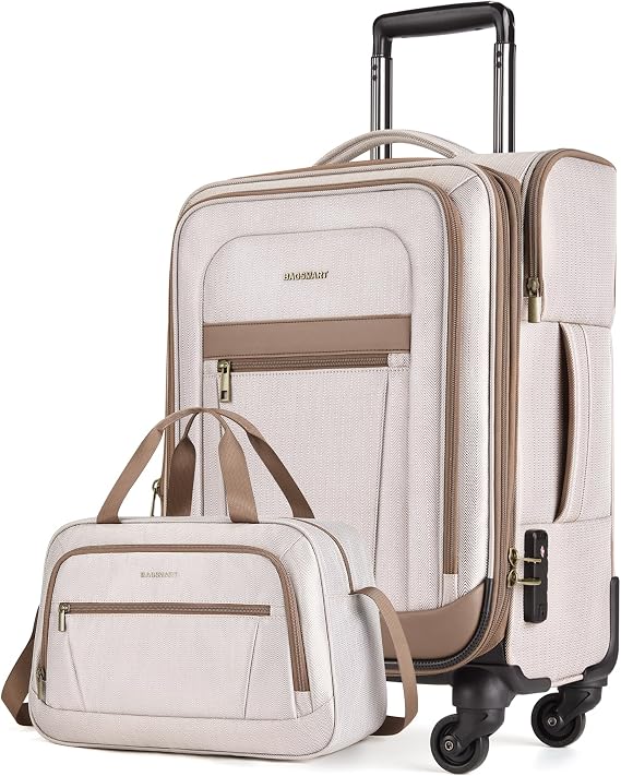 BAGSMART Carry-On Luggage Airline Approved, 20 inch Expandable Suitcase with Duffel bag, Softside Lightweight Suitcases with Spinner Wheels, light tan