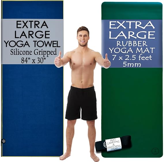 Extra Large Yoga Mat and Towel Set with Strap. Natural Rubber XL Yoga Mat & Silicone Gripped XL Yoga Towel Combo.