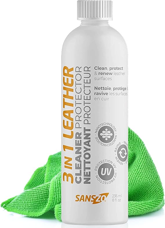 SansZo 3 in 1 Leather Cleaner and Conditioner - Clean, Protect, and Renew Automotive Leather Surfaces - UV Protectant Helps Prevent Fading and Cracking, with Microfiber Cloth, 8 OZ
