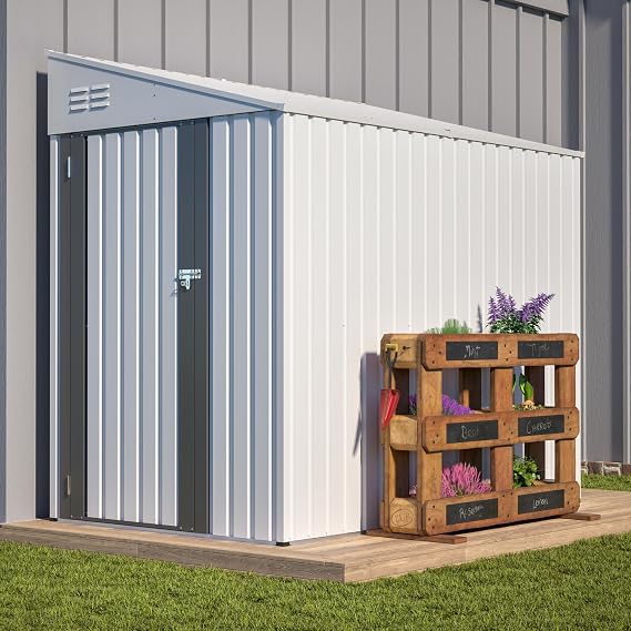 4x7 FT Metal Outdoor Storage Shed, Lean to Garden Tool Shed with Reinforced Beams, All Weather Waterproof Steel Storage House, Lockable Door & 2 Air Vents,for Backyard,Lawn,Garden,White